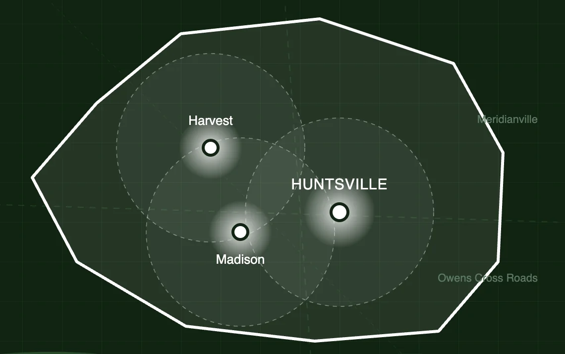 Service area map covering Huntsville, Madison, and Harvest, Alabama
